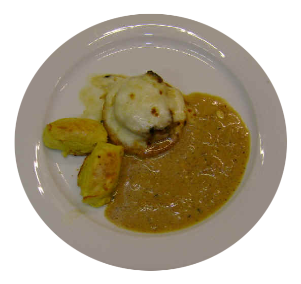 Schweinsfischerl auf Apfelscheiben mit Kartoffelsalat